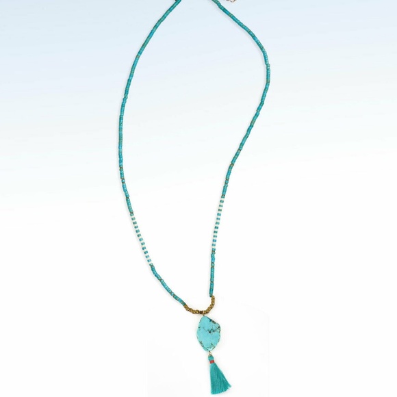 Panacea Long Turquoise Heishi Beaded Tassel & Stone Pendant Necklace - Picture 2 of 3